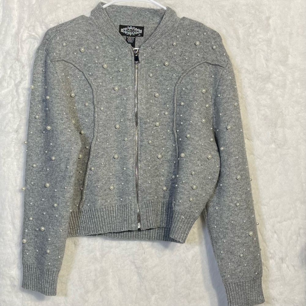 Oliver O Womens XL Melange Gray Beaded Pearl Zip Knit Sweater Wool Ribbed‎ NWT
